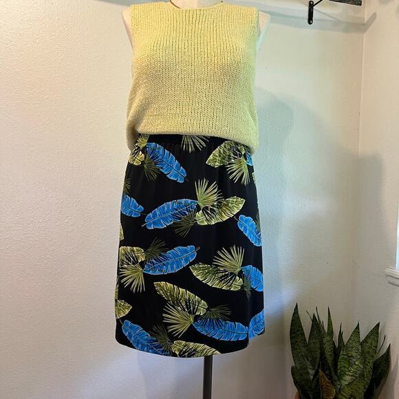 Pineapple Moon 90s Blue & Green Palm Leaf Print Elastic Summer Skirt Size XL - Picture 1 of 8